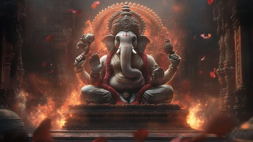 Ganesh idol radiates firelit divinity in temple sanctum