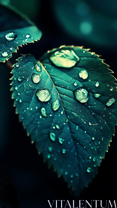 Rain-jewelled leaf leans into teal-tinted twilight hush