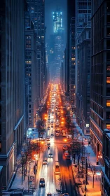 Snowy neon city avenue glows against a misty winter night