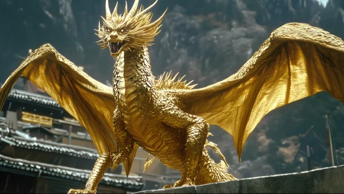 Golden dragon rendered with detailed PBR scales and cinematic depth of field
