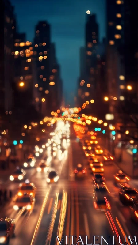 Urban night traffic trails in softly blurred cityscape.