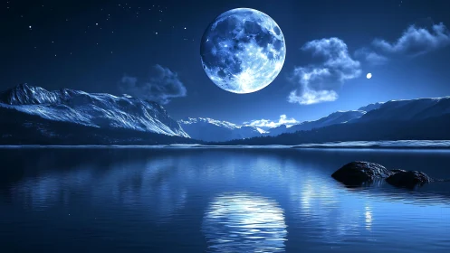 Hyperreal lunar landscape illuminates glacial lake at night