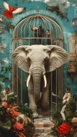 Surreal ivory elephant emerging from ornate garden cage.