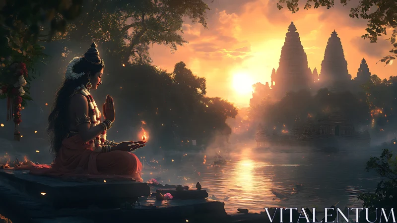 Figure performs riverbank ritual at sunset with distant temples