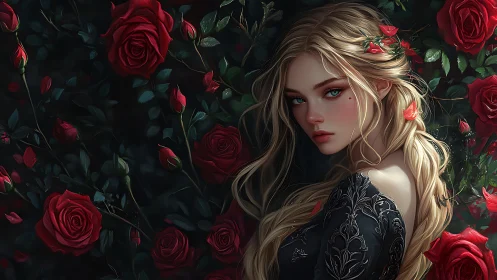 Blonde woman stands among dense red rose blossoms at night