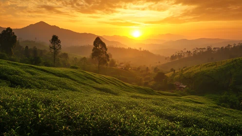 Sunlit tea plantations over rolling hills and distant ridge.
