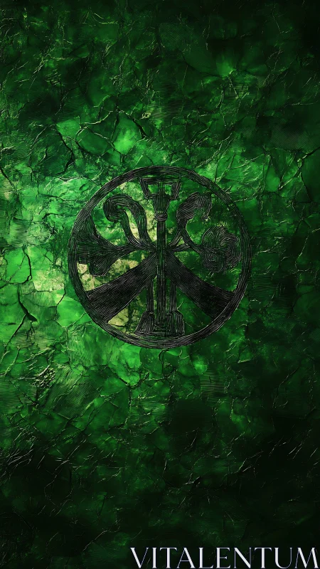 Textured green stone field with engraved circular floral emblem