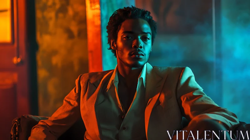 Moody portrait in teal orange cinematic lighting.