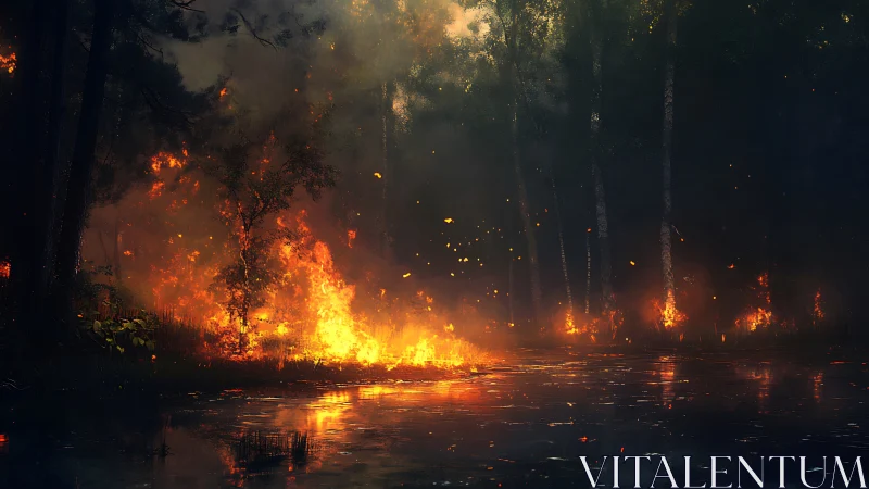 Forest Fire at Twilight with Reflected Flames.