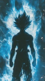 Silhouetted warrior ignites within a roaring blue energy aura.