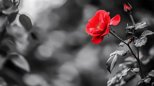 Red Rose Bloom Against Monochrome Background