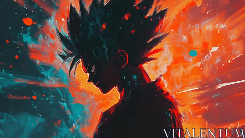 Silhouetted spiky-haired figure against abstract color field.