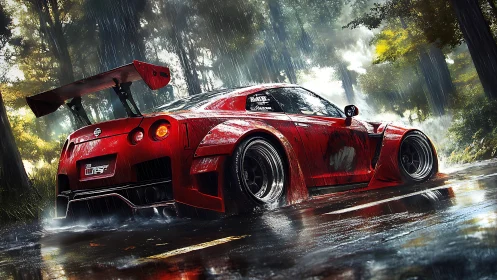 Red widebody sports car powers through wet forest road