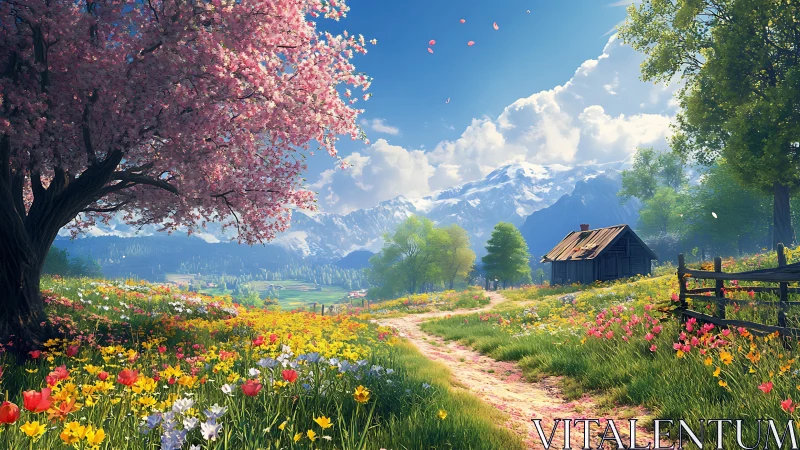 Wildflower path curls toward a quiet cottage beneath blossom skies