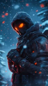 Ember-eyed winter sentinel stalking through the frozen hush.