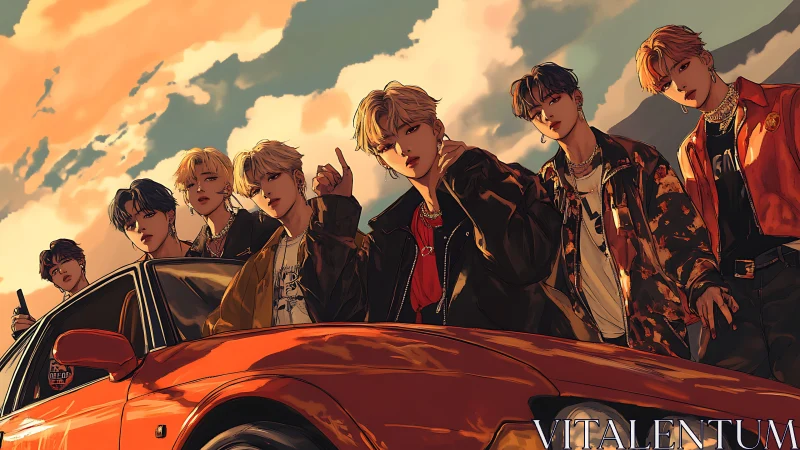 Cinematic anime ensemble with sunset-lit streetwear styling.