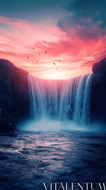 Digital painting of twilight waterfall under neon sky.