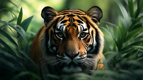 Stealthy Bengal tiger emerging through lush jungle foliage.