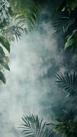 Moody tropical leaves frame a misty, textured green sky