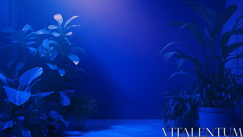 Midnight houseplants glowing softly in deep blue calm.