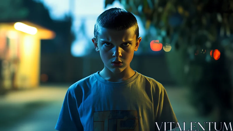 Moody kid in neon night glow, caught mid-stare.