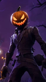 Halloween pumpkin-headed vigilante in tailored tactical coat