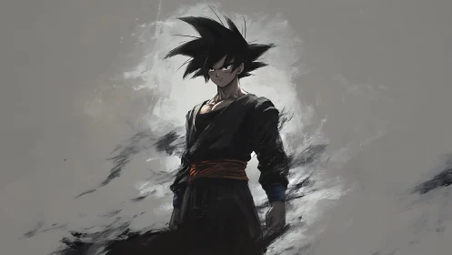 Dark haired anime warrior stands in loose painted mist.