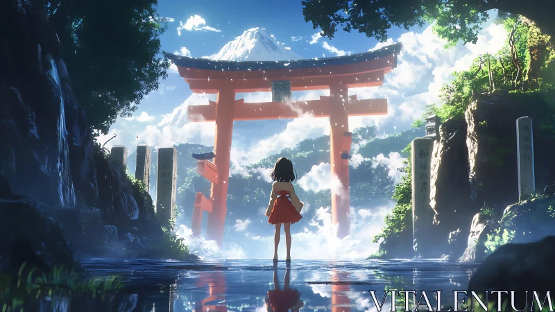 Red torii gateway above clouds and a lone dreamer girl.