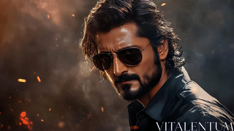 Brooding bearded man in sunglasses amid glowing embers.