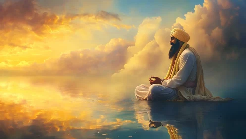 Meditating Sikh sage sits over luminous golden water at dawn
