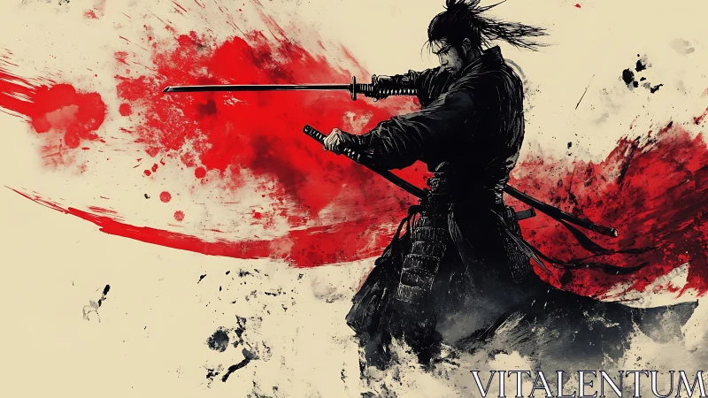 Samurai warrior holds steady amid wild red ink storms