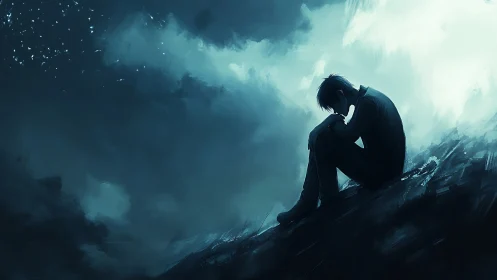 Solitary figure contemplates under cold, turbulent sky.