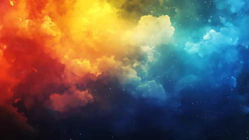 Radiant nebula clouds blend from fiery red to deep blue.