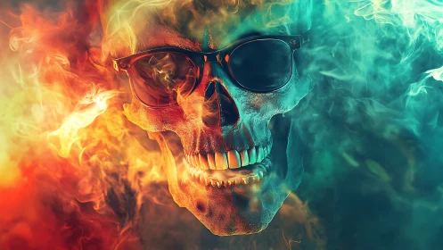 Fiery skull with sunglasses in vivid smoke and color clash.