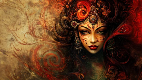Ember-crowned goddess with swirling baroque flame hair.