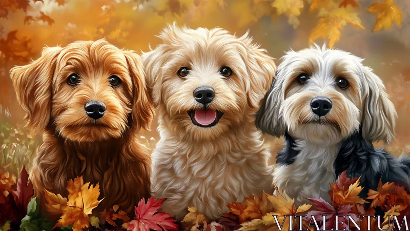 Three fluffy small dogs sit amid vivid autumn leaves