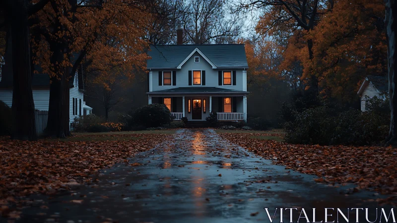 White two story house on wet driveway in autumn dusk