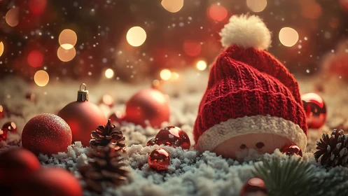 Cozy Christmas gnome nestles among glowing holiday lights