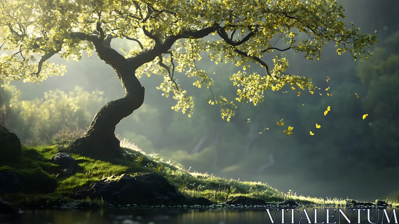 Serene sunlit tree with butterflies by a tranquil riverside, photorealistic.