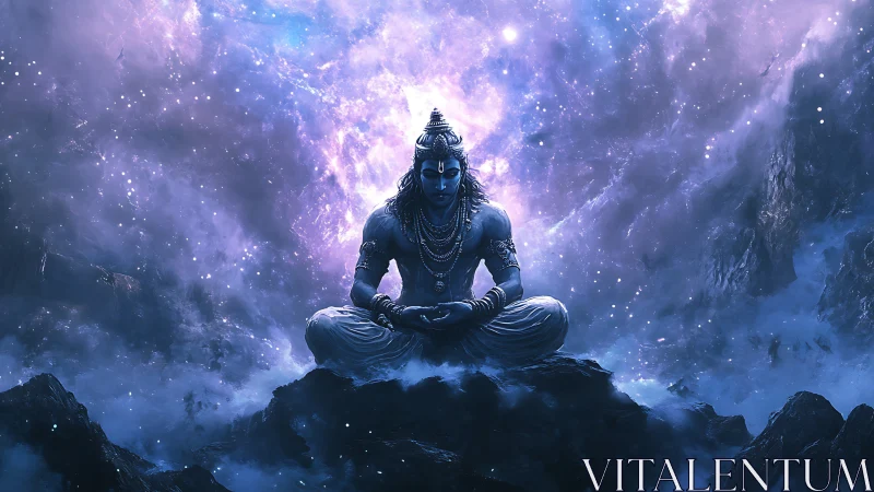 Figure in meditative posture on rocky peak amid nebula field.