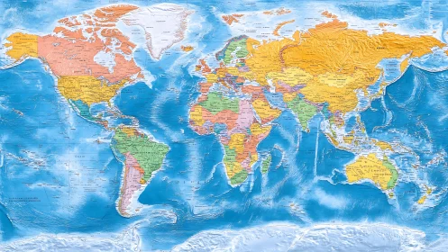 Political world map with shaded relief and ocean bathymetry.