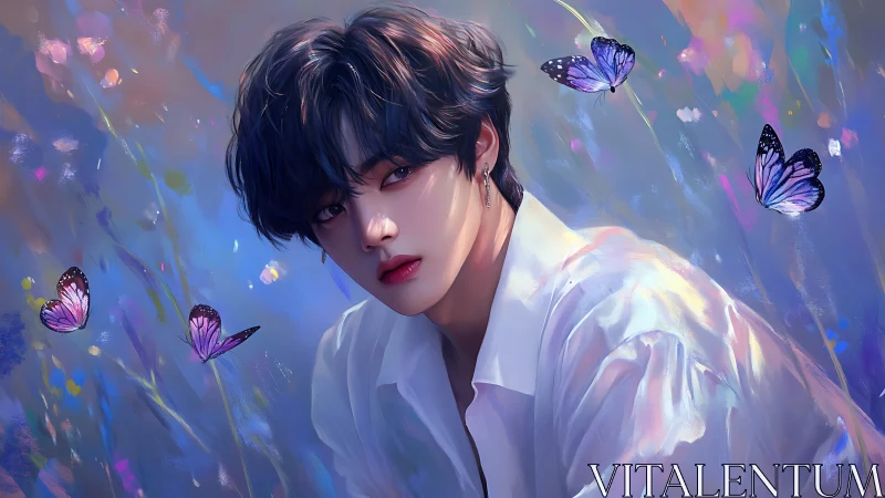 Youthful figure with butterflies in soft digital light.