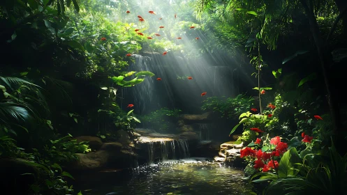 Sunlit jungle cascade with koi fish and lush red florals.