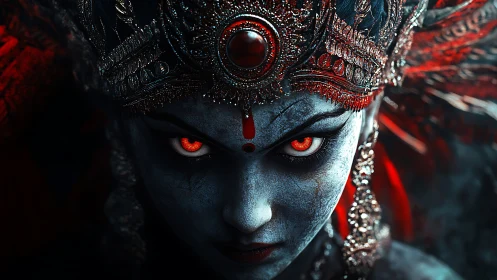 Demonic sapphire visage with incendiary ocular focus and crown.