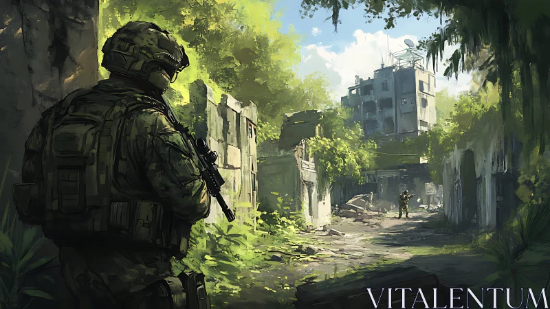 Soldier patrols overgrown urban ruins under bright daytime sky