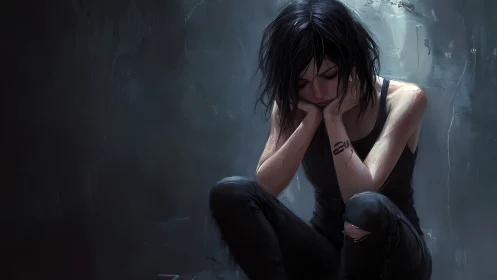 Quiet moment of reflection with a solitary dark haired girl.