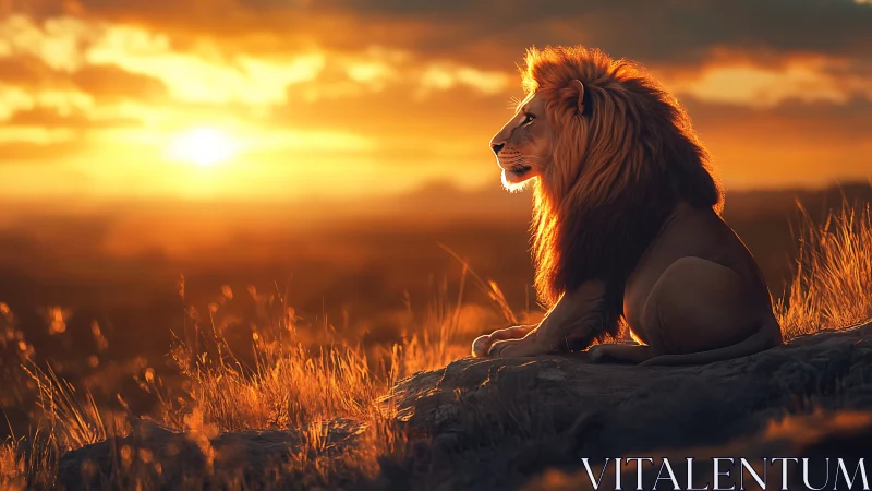 Lion king in blazing savanna sunset glow on rocky rise.