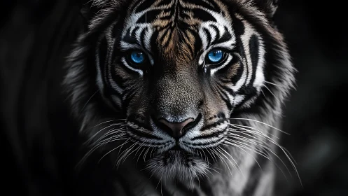 Blue eyed tiger portrait in dramatic low key lighting.