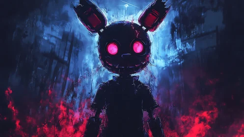 Glowing eyed rabbit android stands in smoky neon alley