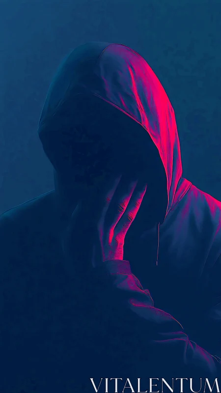 Moody hooded figure lit by contrasting cyan and magenta rim light